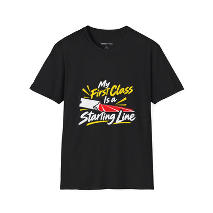 Graphic fitness T-shirt featuring the "My First Class Is a Starting Line" design.