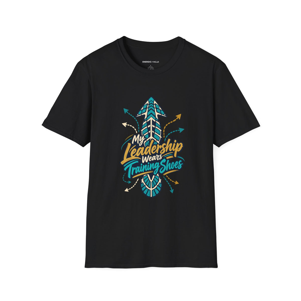Graphic fitness T-shirt featuring the "My Leadership Wears Training Shoes" design.