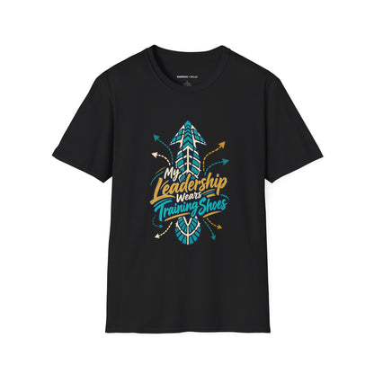 Graphic fitness T-shirt featuring the "My Leadership Wears Training Shoes" design.