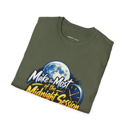 Graphic fitness T-shirt featuring the "Make the Most of the Midnight Session" design.