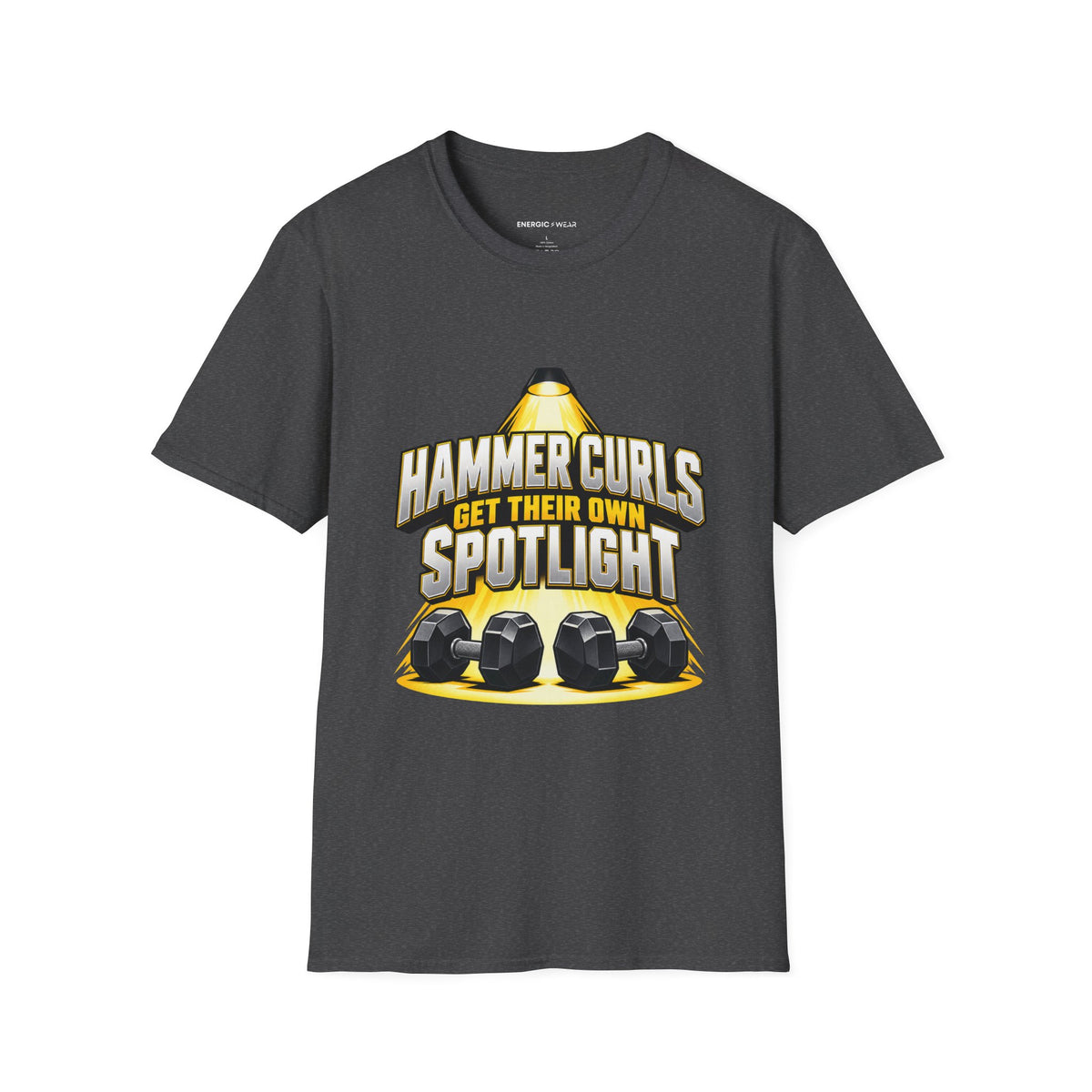 Graphic fitness T-shirt featuring the "Hammer Curls Get Their Own Spotlight" design.