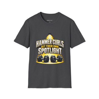 Graphic fitness T-shirt featuring the "Hammer Curls Get Their Own Spotlight" design.