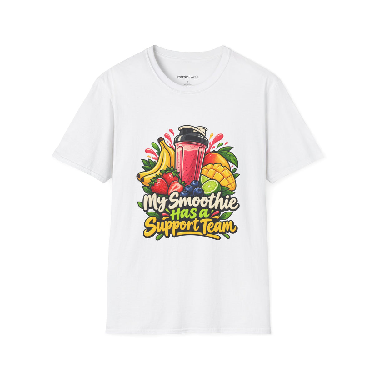 Graphic fitness T-shirt featuring the "My Smoothie Has a Support Team" design.