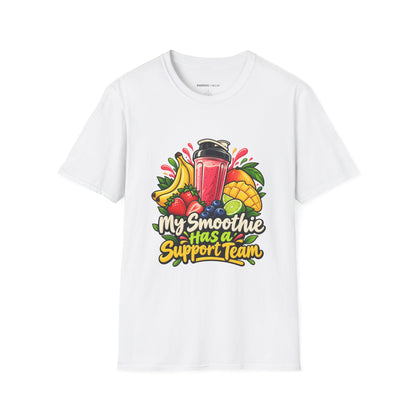 Graphic fitness T-shirt featuring the "My Smoothie Has a Support Team" design.
