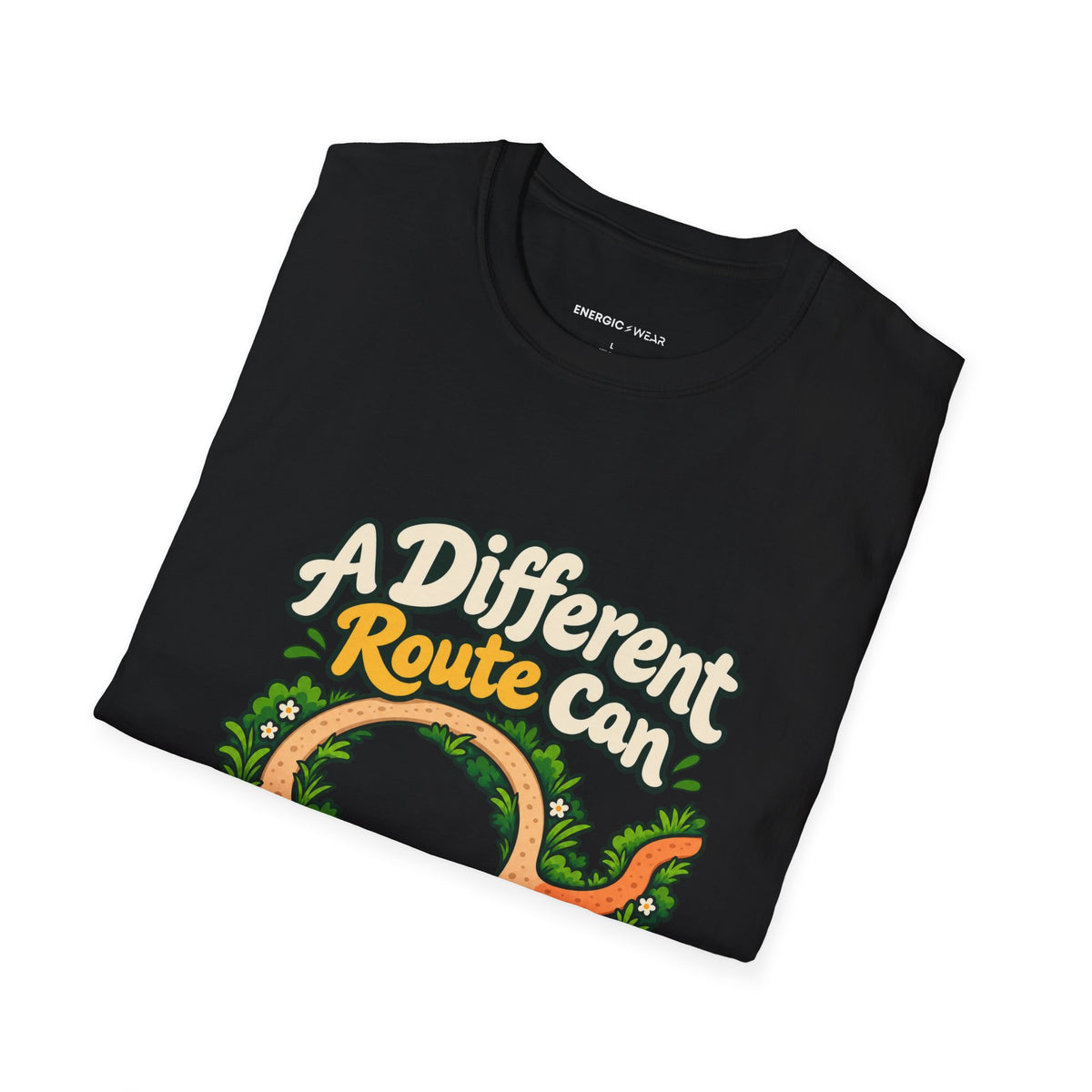 Graphic fitness T-shirt featuring the "A Different Route Can Refresh a Routine" design.