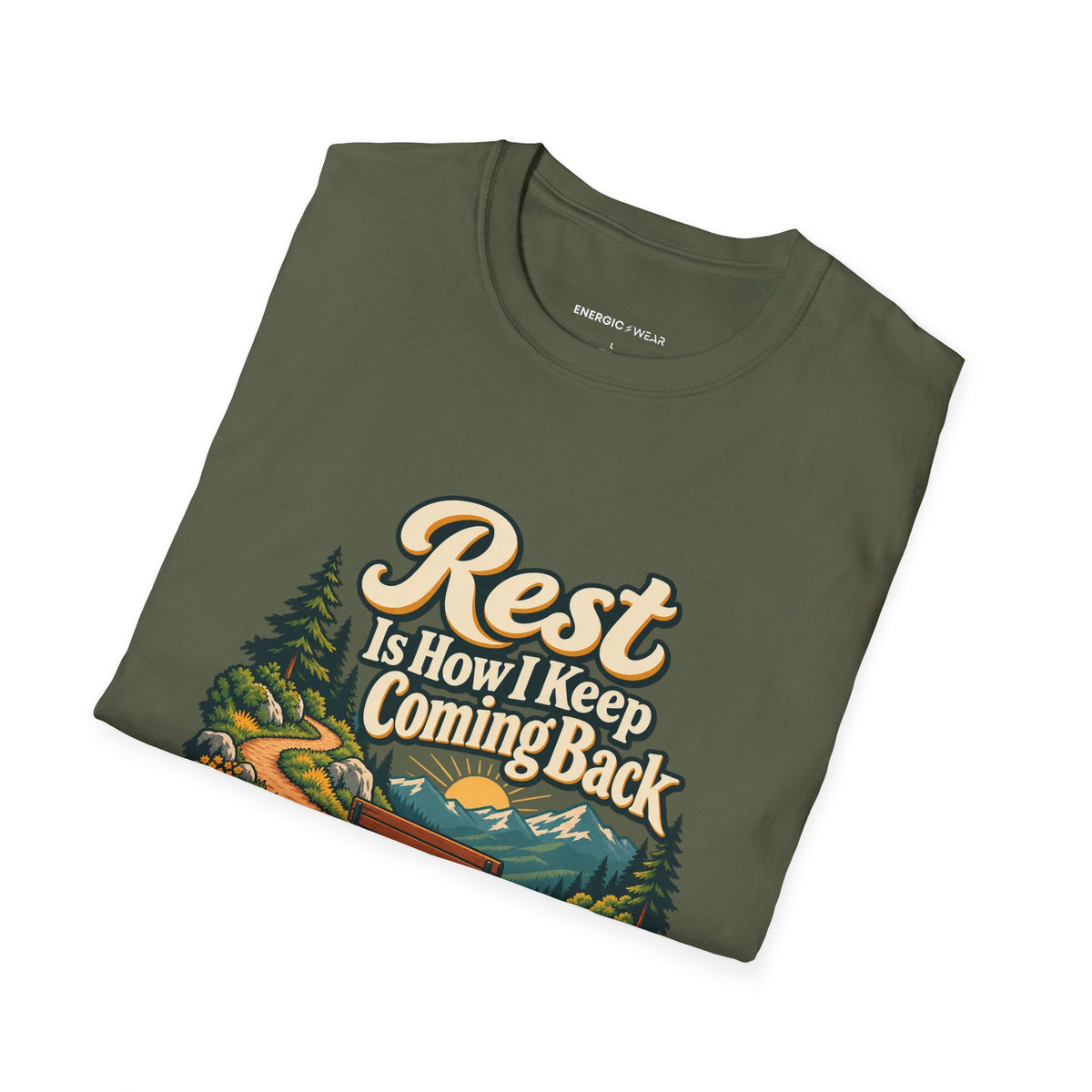 Graphic fitness T-shirt featuring the "Rest Is How I Keep Coming Back" design.