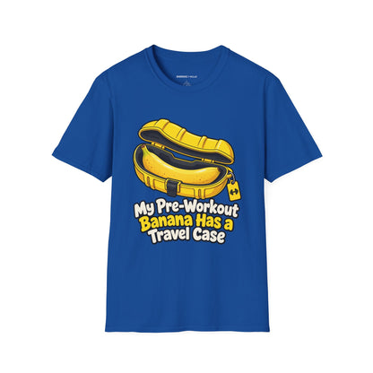 Graphic fitness T-shirt featuring the "My Pre-Workout Banana Has a Travel Case" design.