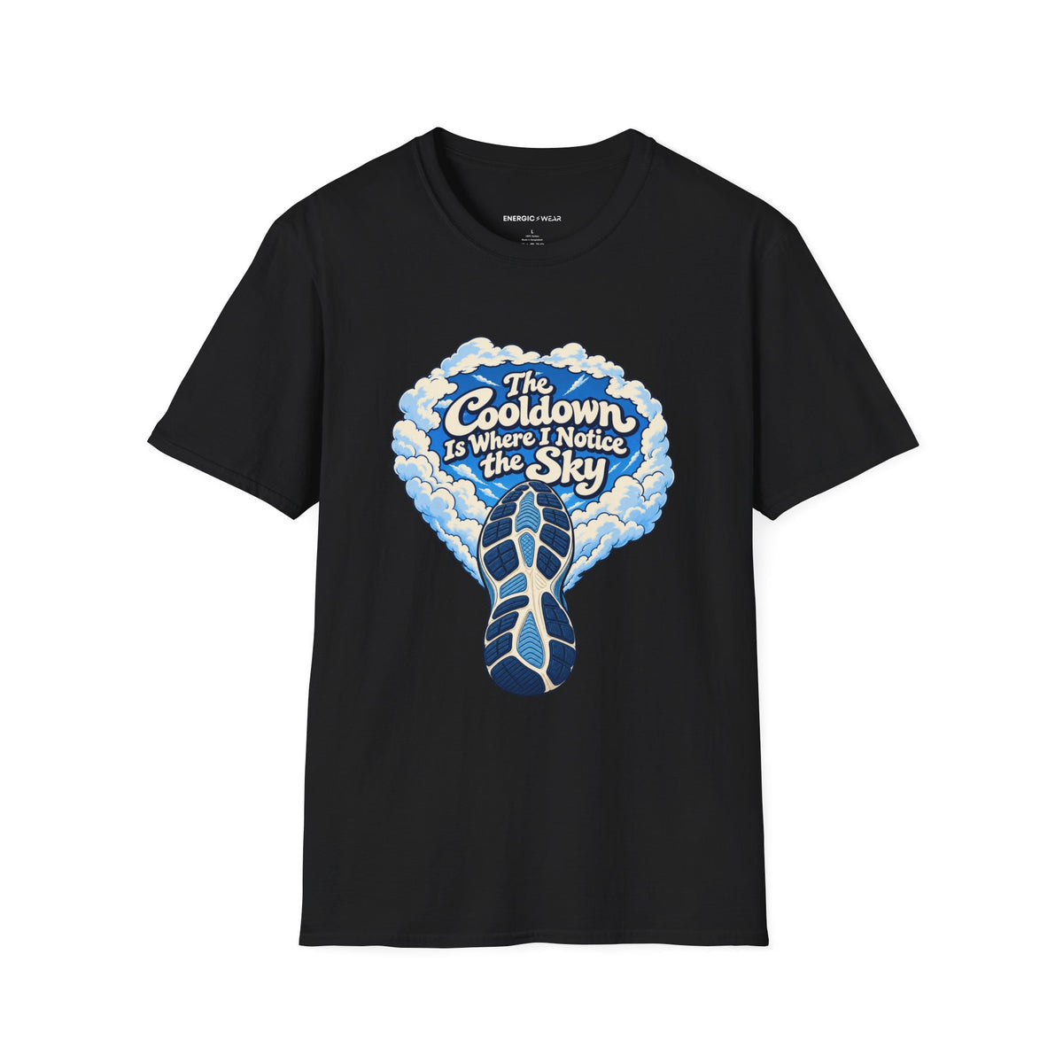 Graphic fitness T-shirt featuring the "The Cooldown Is Where I Notice the Sky" design.