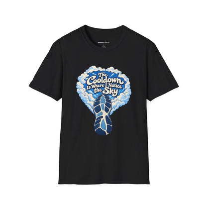 Graphic fitness T-shirt featuring the "The Cooldown Is Where I Notice the Sky" design.