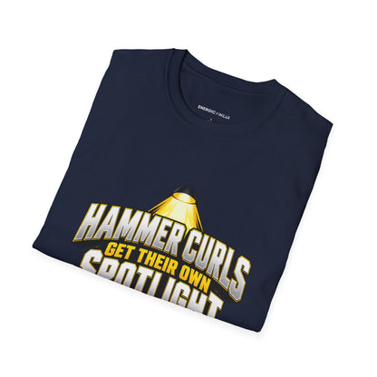 Graphic fitness T-shirt featuring the "Hammer Curls Get Their Own Spotlight" design.
