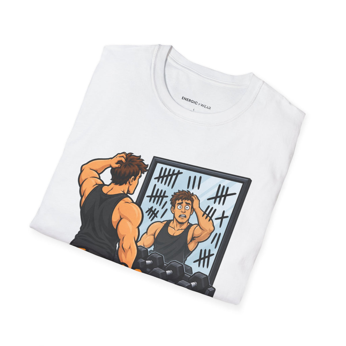 Graphic fitness T-shirt featuring the "The Mirror Caught Me Counting Wrong" design.