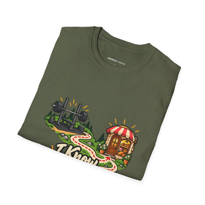 Graphic fitness T-shirt featuring the "I Know My Way Around a Bar and a Bakery" design.