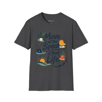 Graphic fitness T-shirt featuring the "Move at the Speed of Your Life" design.