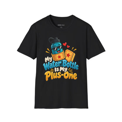 Graphic fitness T-shirt featuring the "My Water Bottle Is My Plus-One" design.