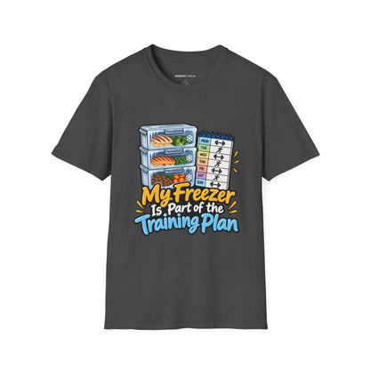 Graphic fitness T-shirt featuring the "My Freezer Is Part of the Training Plan" design.