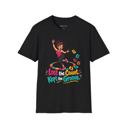 Graphic fitness T-shirt featuring the "Lost the Count, Kept the Groove" design.