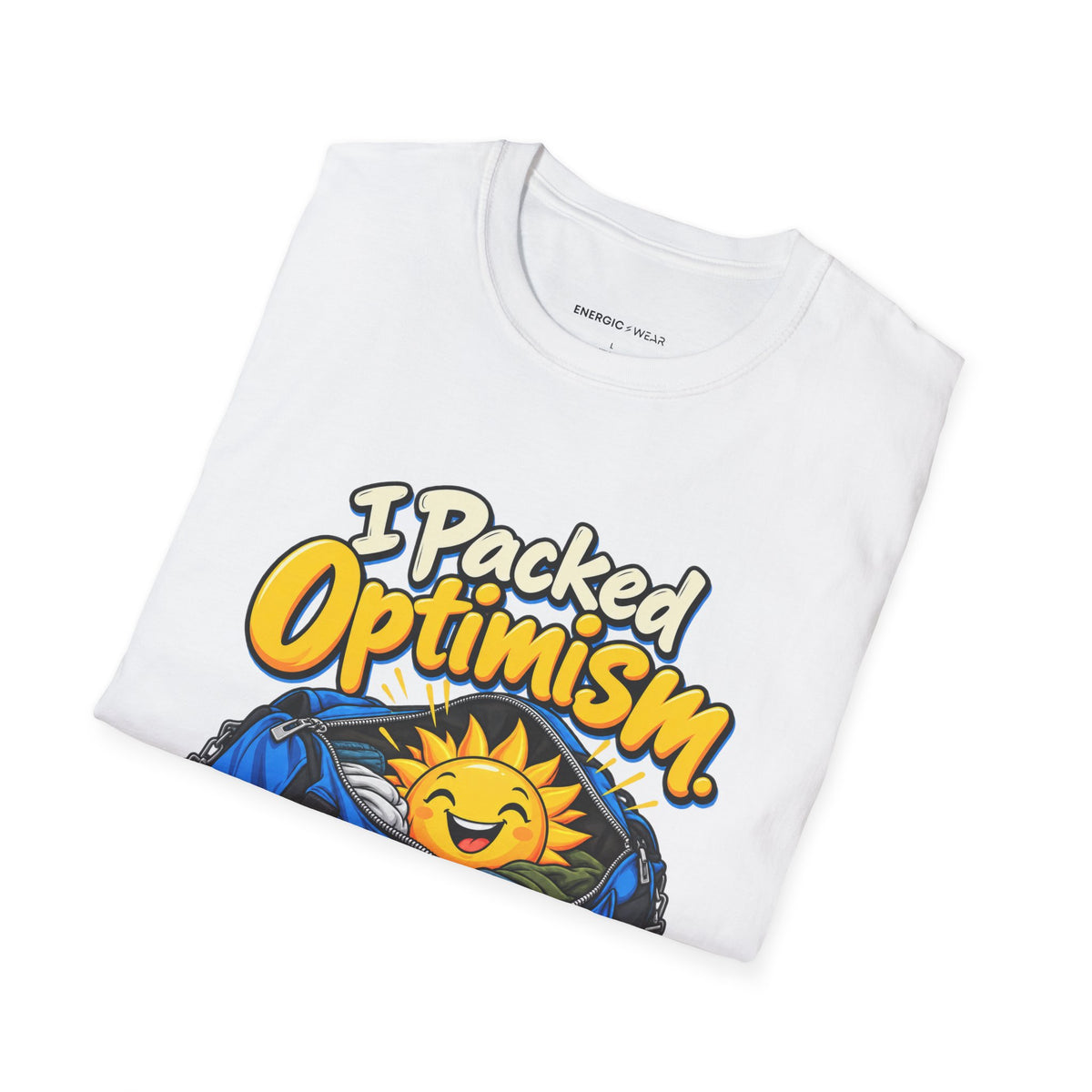 Graphic fitness T-shirt featuring the "I Packed Optimism Forgot Socks" design.