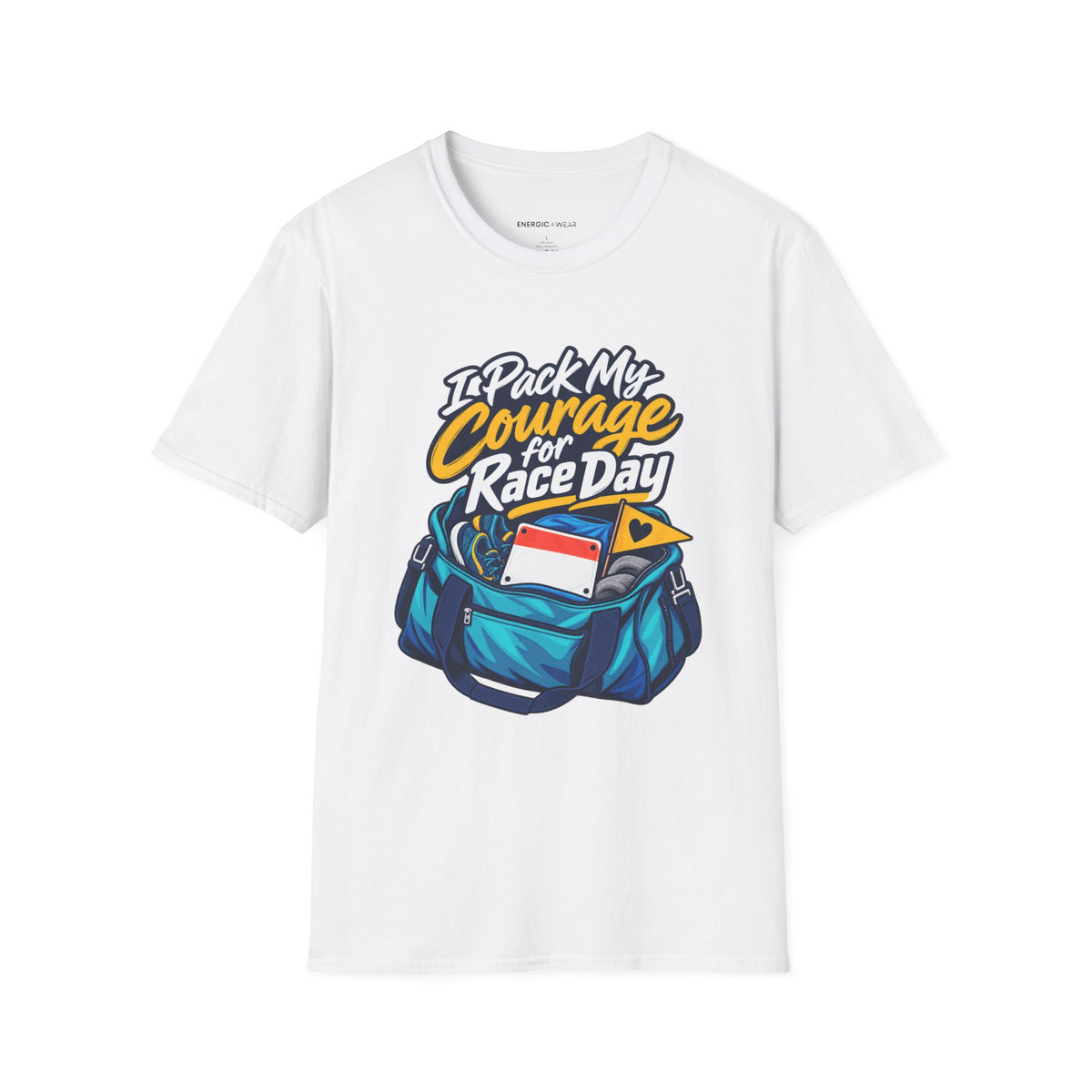 Graphic fitness T-shirt featuring the "I Pack My Courage for Race Day" design.