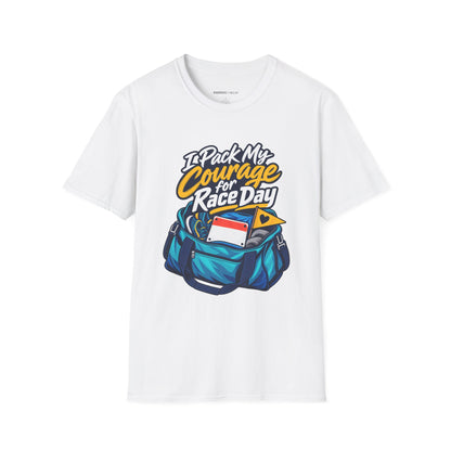 Graphic fitness T-shirt featuring the "I Pack My Courage for Race Day" design.