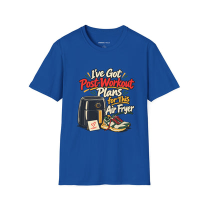 Graphic fitness T-shirt featuring the "I've Got Post-Workout Plans for This Air Fryer" design.