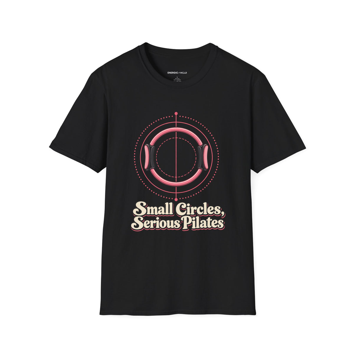 Graphic fitness T-shirt featuring the "Small Circles Serious Pilates" design.