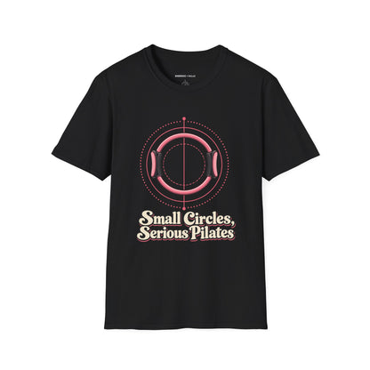 Graphic fitness T-shirt featuring the "Small Circles Serious Pilates" design.