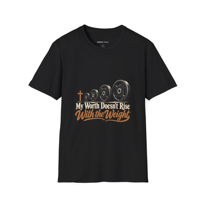 Graphic fitness T-shirt featuring the "My Worth Doesn t Rise With the Weight" design.