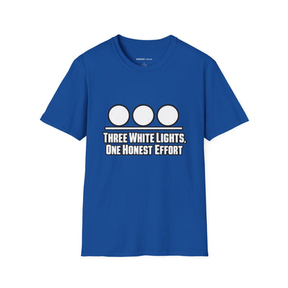 Graphic fitness T-shirt featuring the "Three White Lights One Honest Effort" design.