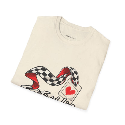 Graphic fitness T-shirt featuring the "First Finish Line Lifelong Memory" design.