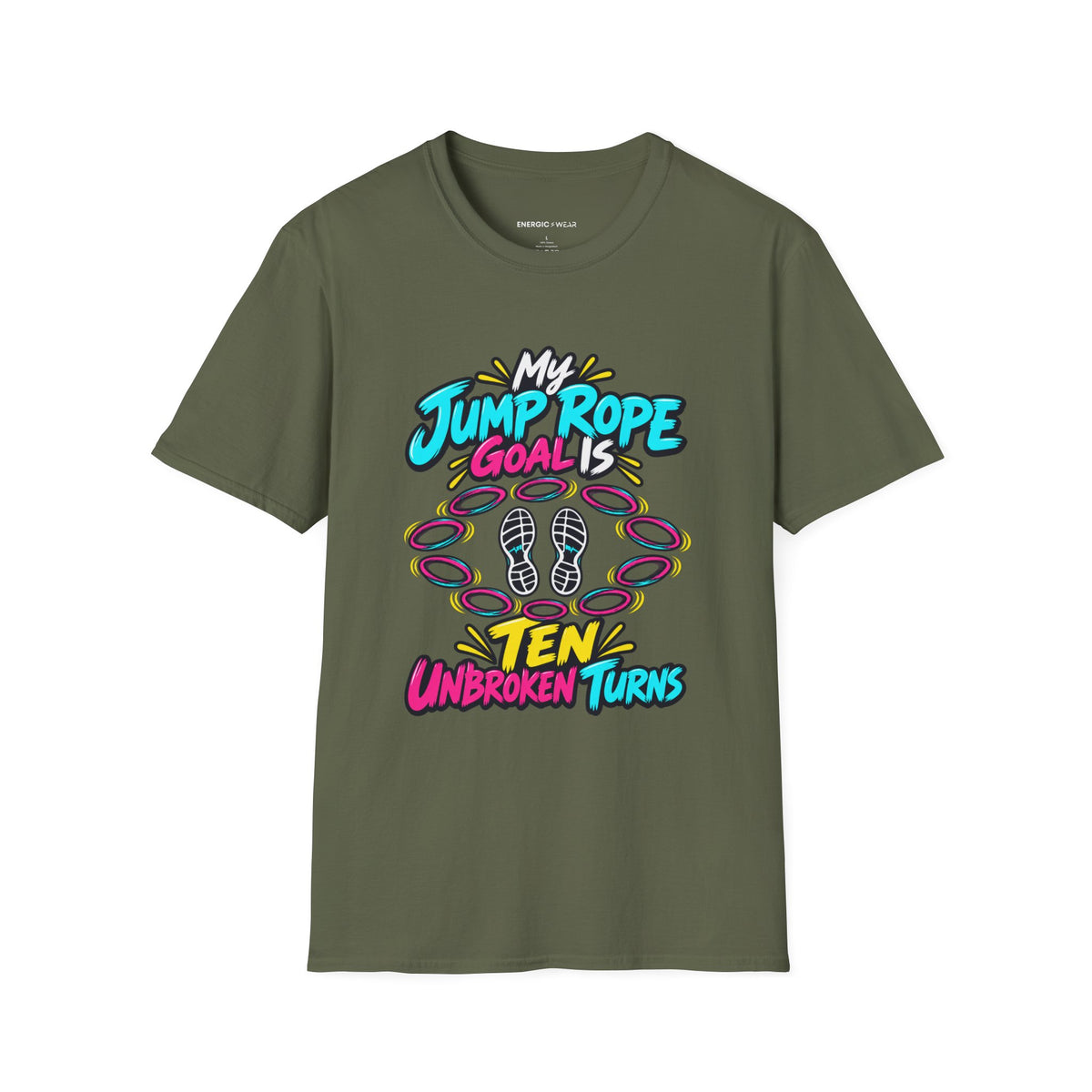 Graphic fitness T-shirt featuring the "My Jump Rope Goal Is Ten Unbroken Turns" design.