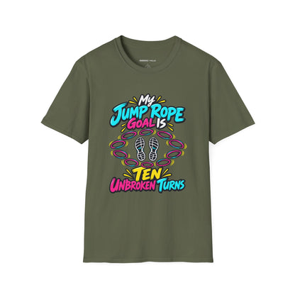 Graphic fitness T-shirt featuring the "My Jump Rope Goal Is Ten Unbroken Turns" design.