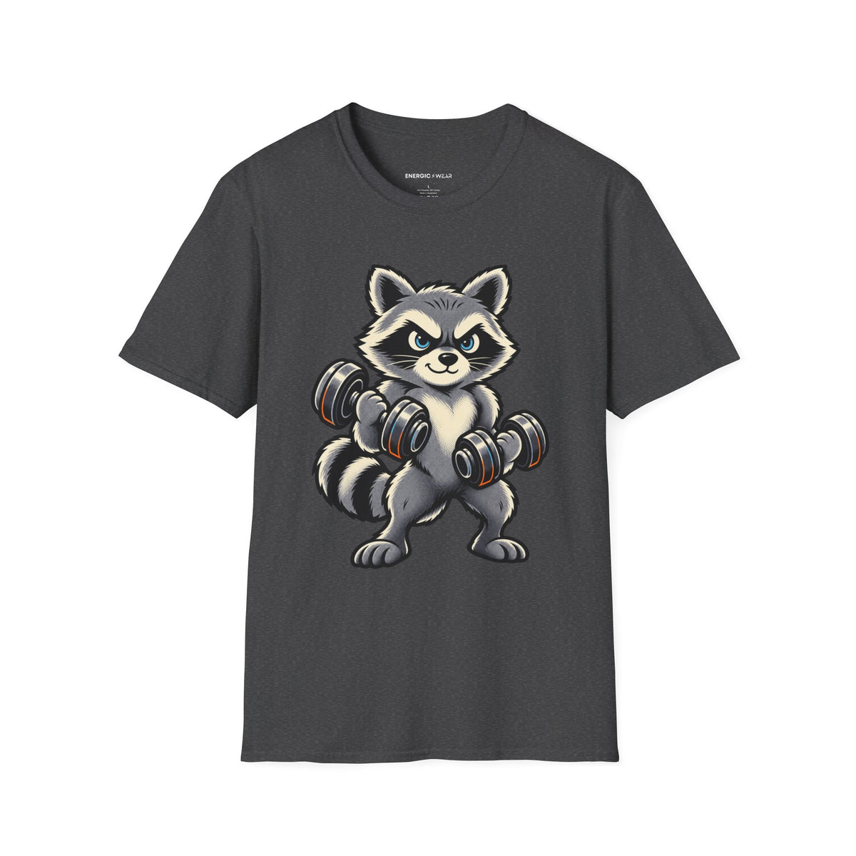 Graphic fitness T-shirt featuring the "Muscular Raccoon" design.