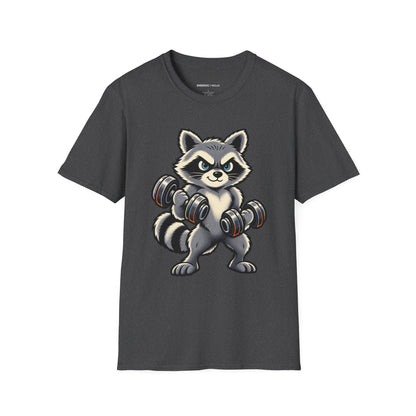 Graphic fitness T-shirt featuring the "Muscular Raccoon" design.