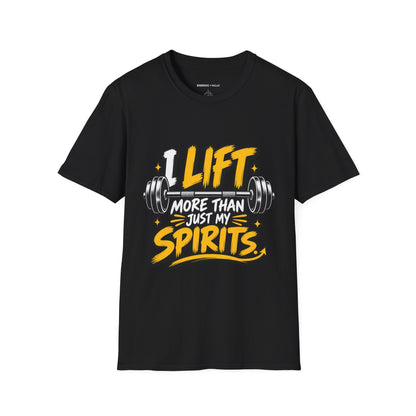 Graphic fitness T-shirt featuring the "I Lift More Than My Spirits" design.