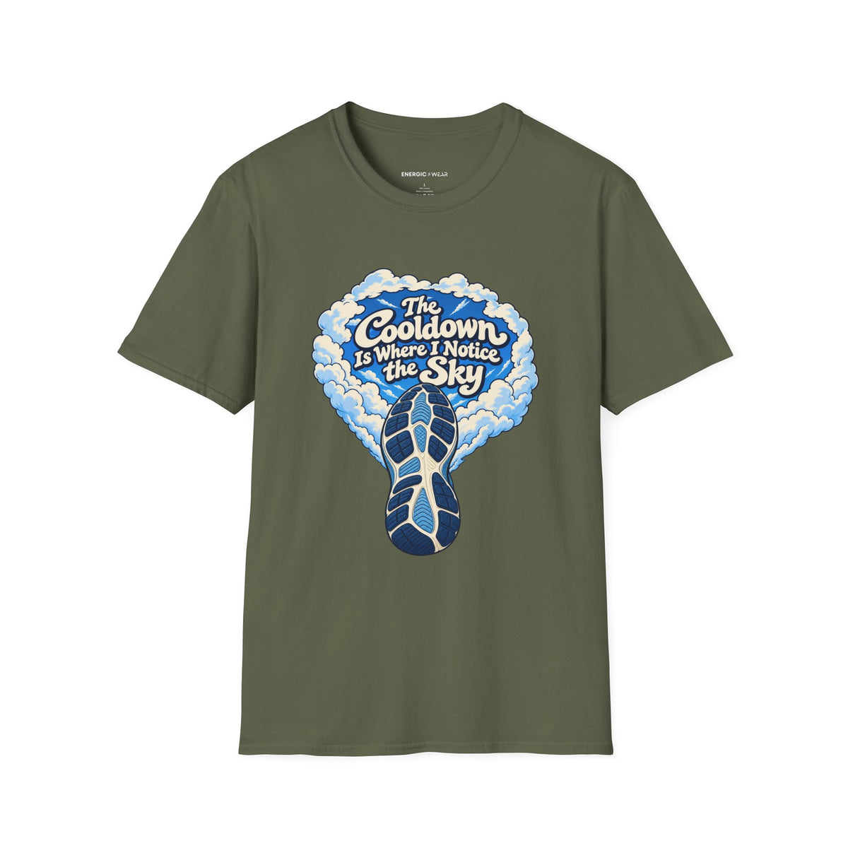 Graphic fitness T-shirt featuring the "The Cooldown Is Where I Notice the Sky" design.