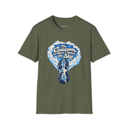 Graphic fitness T-shirt featuring the "The Cooldown Is Where I Notice the Sky" design.
