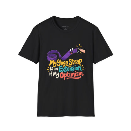 Graphic fitness T-shirt featuring the "My Yoga Strap Is an Extension of My Optimism" design.