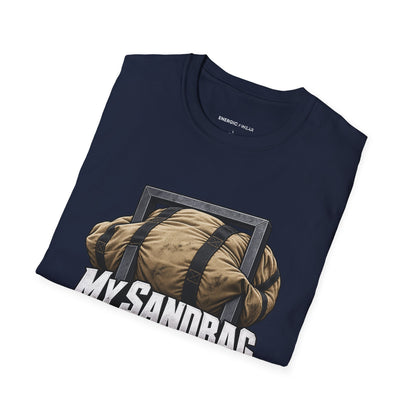 Graphic fitness T-shirt featuring the "My Sandbag Rearranges the Rules of Heavy" design.