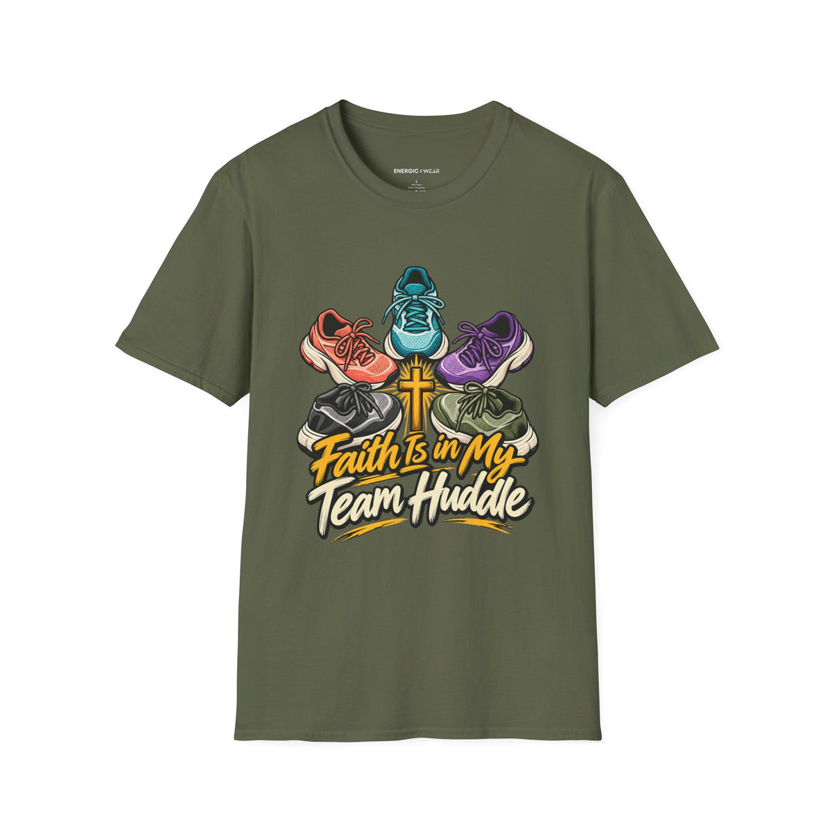 Graphic fitness T-shirt featuring the "Faith Is in My Team Huddle" design.