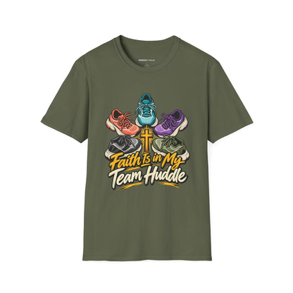 Graphic fitness T-shirt featuring the "Faith Is in My Team Huddle" design.