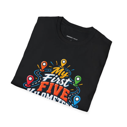 Graphic fitness T-shirt featuring the "My First Five Kilometers Are Personal" design.