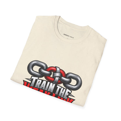 Graphic fitness T-shirt featuring the "Train the Weak Link With Respect" design.