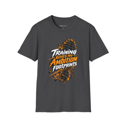 Graphic fitness T-shirt featuring the "Training Gives My Ambition Footprints" design.
