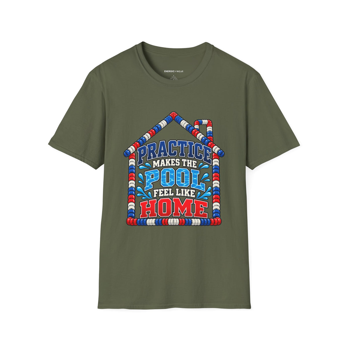 Graphic fitness T-shirt featuring the "Practice Makes the Pool Feel Like Home" design.