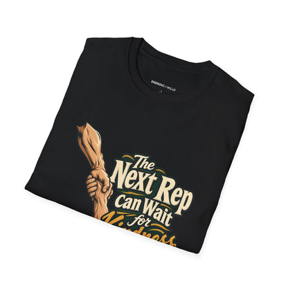 Graphic fitness T-shirt featuring the "The Next Rep Can Wait for Kindness" design.