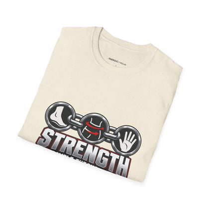 Graphic fitness T-shirt featuring the "Strength Travels Through the Whole Chain" design.