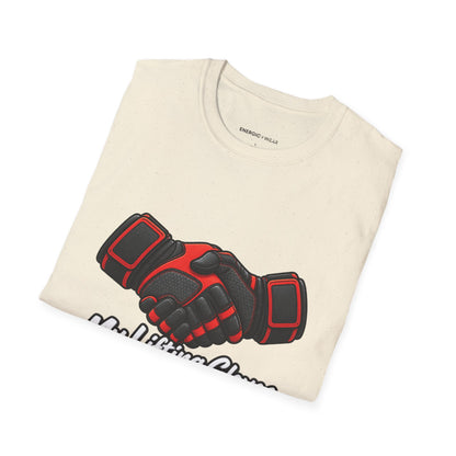 Graphic fitness T-shirt featuring the "My Lifting Gloves Have a Firm Handshake" design.