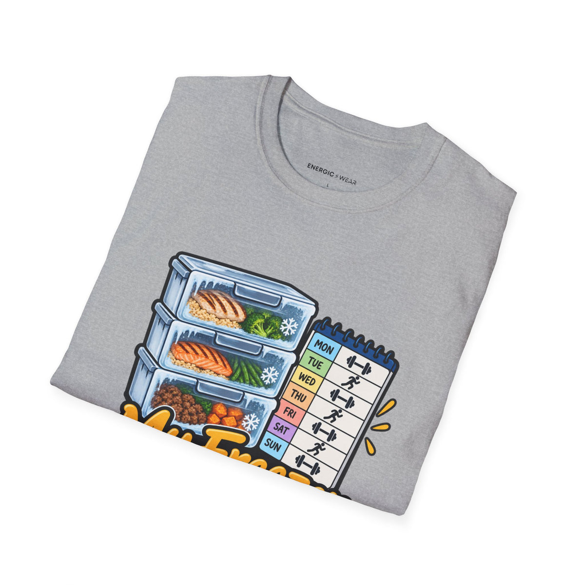 Graphic fitness T-shirt featuring the "My Freezer Is Part of the Training Plan" design.