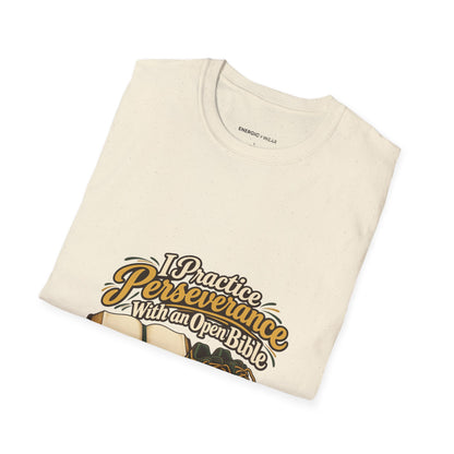 Graphic fitness T-shirt featuring the "I Practice Perseverance with an Open Bible" design.