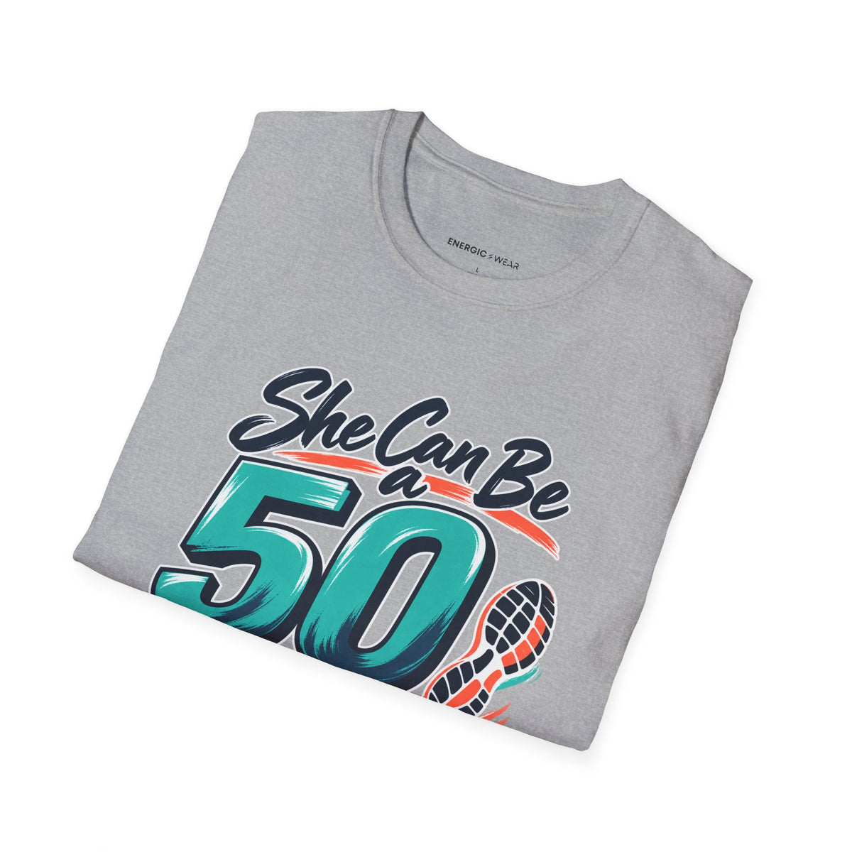 Graphic fitness T-shirt featuring the "She Can Be a Beginner at Fifty" design.